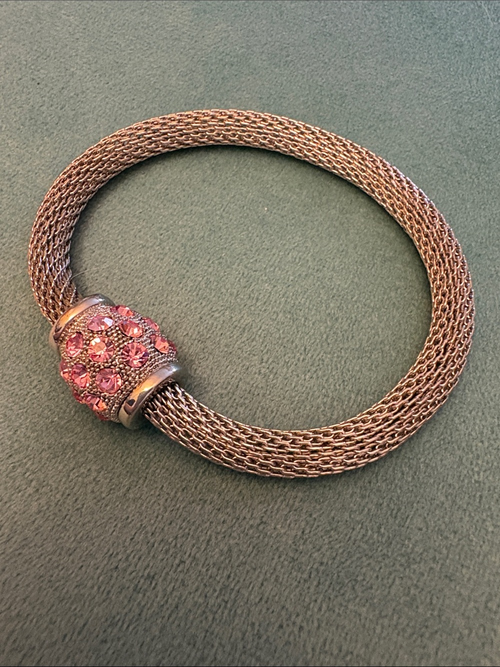 Vintage Silver Tone Mesh Bracelet with Pink Crystals and Magnetic Clasp